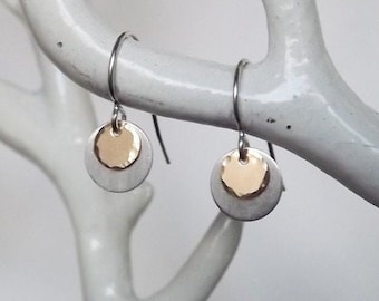 Silver Drop Earrings - Two Toned Earrings - Tiny Mix Metal Sterling and Gold Filled Disc Earrings - Everyday Earrings