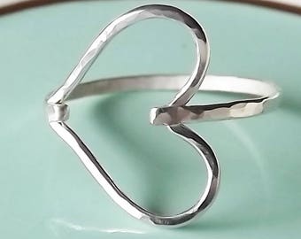 Hammered Sideways Heart Sterling Ring - Heart Ring - Sterling Ring - Silver Heart Ring