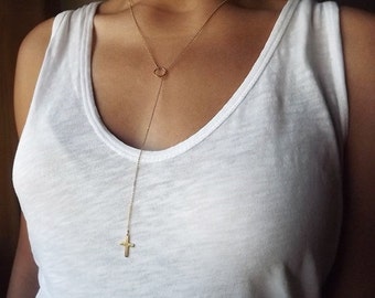 Gold Hammered Cross Long Lariat - Gold Necklace - Everyday Necklace - Cross Necklace - Religious Jewelry