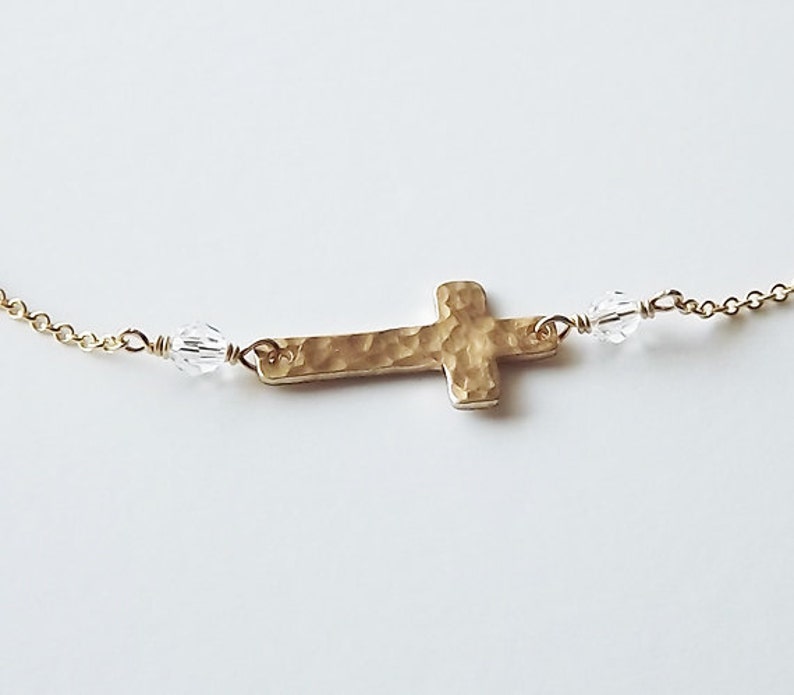 Dainty Hammered Gold Filled or Sterling Cross Bracelet Gold Name Bracelet Personalized Bracelet Religious Bracelet image 3