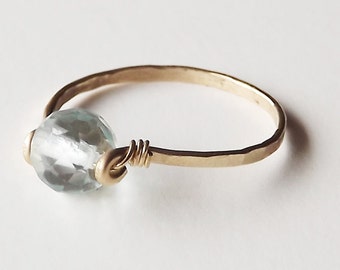 Faceted Aquamarine Quartz Hammered Gold Filled Ring - Gemstone Ring - Gold Ring - Stacking Rings