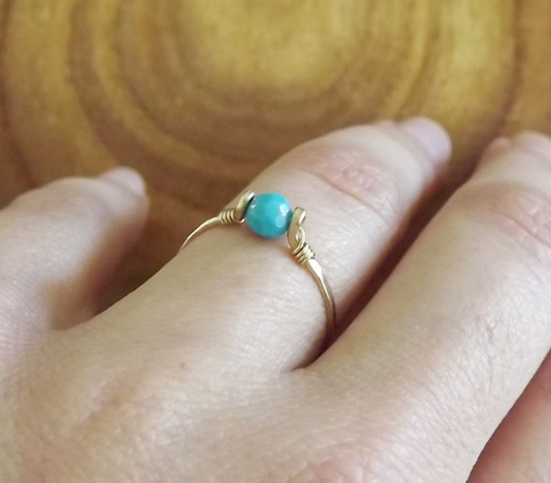 Hammered Sterling Ring With Tiny Turquoise Bead Sterling Band Stacking Rings BIRTHSTONE Ring image 3