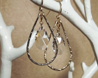 Gold Hoops  Hammered Petal Gold Filled Convertible Hoops with Swarovski Crystal Charms