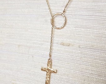 Gold Filled Hammered Cross Lariat - Gold Necklace - Everyday Necklace - Cross Necklace - Religious Jewelry