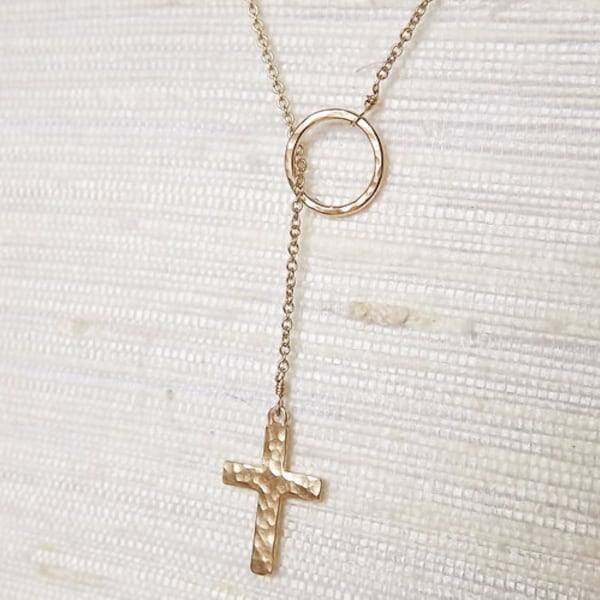 Gold Filled Hammered Cross Lariat - Gold Necklace - Everyday Necklace - Cross Necklace - Religious Jewelry