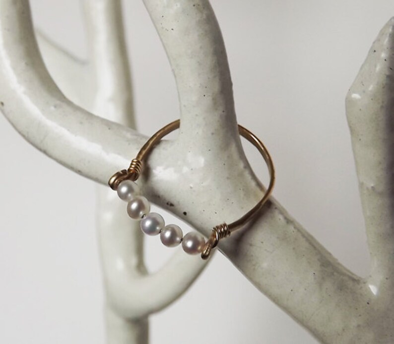 Pearl Ring June Birthstone Ring Hammered Gold Filled Freshwater Pearl Ring Stacking Rings image 1