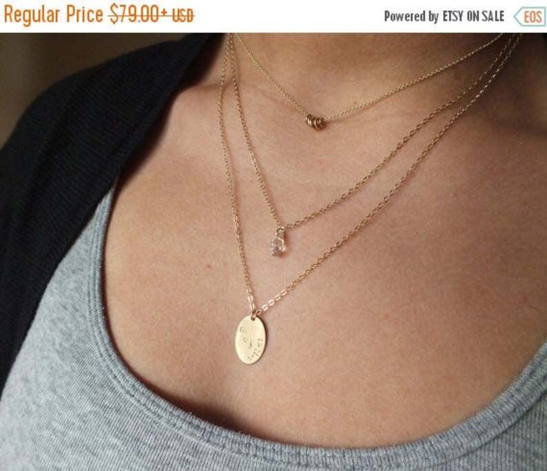 Customized Necklaces Personalized Layered Necklaces Oval Disc Necklace Delicate Gold Necklaces Triple Strand Layered Set