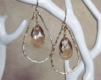 Hammered Gold Filled Convertible Hoops with Swarovski Crystal Tear Charms - Bridal Earrings - Crystal Dangle Earrings