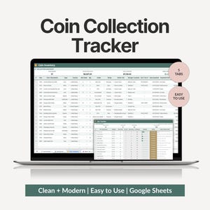 May include: A digital Coin Collection Tracker displayed on a laptop screen, featuring a spreadsheet interface with columns for year, description, type, and value. The screen shows a Coin Inventory tab and a Set Tracker window with 5 tabs total.