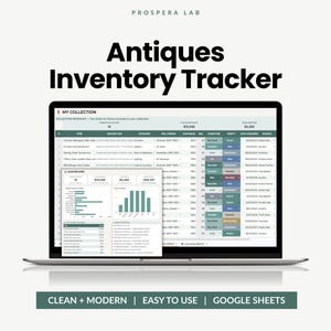 Könnte beinhalten: Ein Laptop-Bildschirm zeigt den Prospera Lab Antiques Inventory Tracker, eine digitale Tabelle mit Spalten für Artikelbeschreibung, Kategorie, Ära, Zustand und Wert. Ein Dashboard-Overlay zeigt Diagramme und Zusammenfassungen der Sammlung.