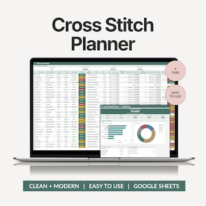 May include: A digital Cross Stitch Planner displayed on a laptop screen, featuring a detailed plant inventory spreadsheet and a dashboard with charts and graphs. Two circular pink badges indicate 6 tabs and easy to use functionality.