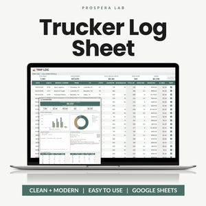 May include: A laptop screen displaying a Trucker Log Sheet by Prospera Lab. The interface shows a detailed trip log table with columns for date, load number, broker, locations, mileage, drive hours, and gross pay, alongside a dashboard overlay.