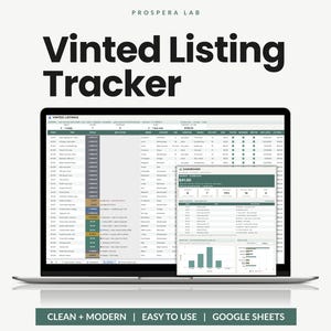 Peut inclure: Un écran d'ordinateur affichant une feuille de calcul Vinted Listing Tracker avec des colonnes pour les détails des articles, le statut et les actions. Une fenêtre de tableau de bord plus petite superpose la feuille de calcul principale.
