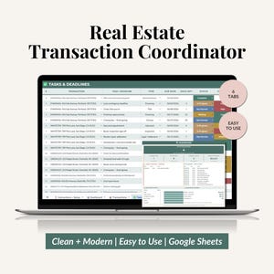 Könnte beinhalten: Eine digitale Vorlage für Immobilien-Transaktionskoordinatoren für Google Sheets auf einem Laptop-Bildschirm. Die Benutzeroberfläche zeigt eine Tabelle mit Aufgaben und Fristen, unterteilt in Transaktion, Aufgabe, Typ, Datum und Status. Enthält 6 Registerkarten.
