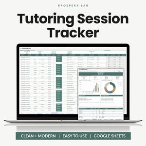 Könnte beinhalten: Eine digitale Vorlage zur Nachhilfesitzungs-Verfolgung von Prospera Lab auf einem Laptop-Bildschirm. Die Benutzeroberfläche zeigt eine detaillierte Sitzungsprotokoll-Tabelle und ein Dashboard mit Datencharts, Grafiken und Finanzübersichten.