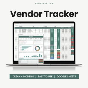 May include: A laptop screen displaying the Prospera Lab Vendor Tracker, a Google Sheets template. The interface shows an order log with columns for order date, vendor, item, quantity, cost, status, and payment, plus a dashboard with data charts.