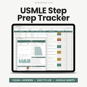 Op de afbeelding: Een digitale USMLE Step Prep Tracker weergegeven op een tabletscherm, met een studielogboek met kolommen voor datum, onderwerp, bron, taaktype, uren, vragen en juiste antwoorden, naast een dashboard-overlay met prestatiegrafieken.