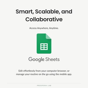 Pu&ograve; includere: Un grafico con il logo di Google Sheets, un'icona di documento verde con una griglia bianca. Il testo recita: Smart, Scalable, and Collaborative, Access Anywhere, Anytime, Google Sheets, Edit effortlessly from your computer browser, or manage your routine on the go using the mobile app, e Prospera Lab.