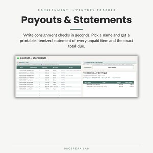 May include: A digital consignment inventory tracker interface titled Payouts & Statements. The layout features a payout log table with columns for date, consignor, amount, method, and notes, alongside a consignor statement for The Second Act Boutique.