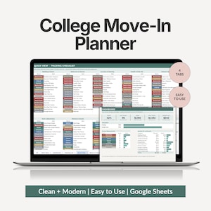 May include: A digital College Move-In Planner displayed on a laptop screen, featuring a packing checklist and dashboard with progress bars and budget tracking. The interface includes 4 tabs and is designed for use with Google Sheets software.