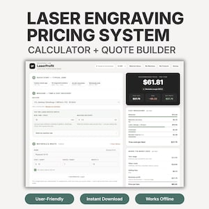 Può includere: Un'interfaccia digitale per un sistema di calcolo prezzi e preventivi per incisioni laser. Lo schermo mostra campi per il tempo macchina, il recupero dei costi, i costi dei materiali e le percentuali di scarto, con un riepilogo di profitti e prezzi.