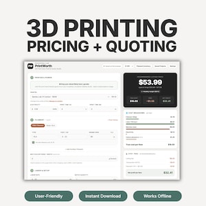 May include: A digital interface for 3D printing pricing and quoting software titled 3D PRINTING PRICING + QUOTING. The screen displays input fields for printer power, filament costs, and labor, alongside a cost breakdown and net profit calculation.