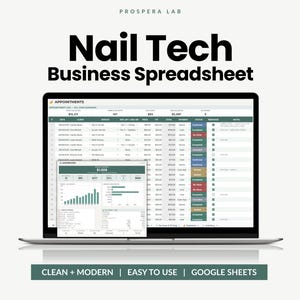 May include: A laptop screen displaying a Nail Tech Business Spreadsheet by Prospera Lab. The interface shows an appointment log with columns for date, client, service, price, tip, total, payment, status, and notes, plus a dashboard overlay.