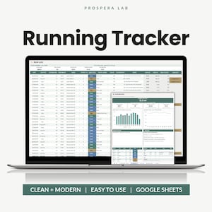 Puede incluir: Una pantalla de portátil que muestra una hoja de cálculo Prospera Lab Running Tracker en Google Sheets. La interfaz presenta un registro de carrera detallado con columnas para fecha, distancia, tiempo y notas, junto a un panel.