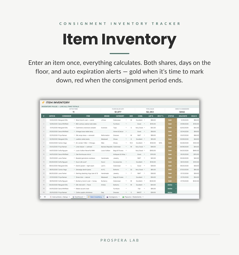May include: A digital consignment inventory tracker spreadsheet template titled Item Inventory. The interface displays columns for date, consignor, item, brand, category, size, condition, list price, split percentage, status, and sold date details.