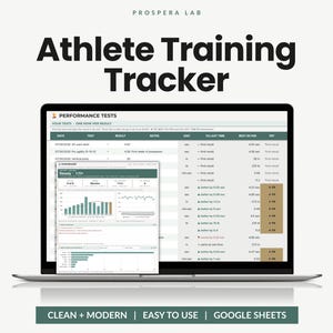Op de afbeelding: Een digitale atleet-trainingstracker weergegeven op een laptopscherm. De interface toont prestatietests, gegevenstabellen en dashboardgrafieken met diverse meeteenheden. Tekst bevat Prospera Lab en Athlete Training Tracker.