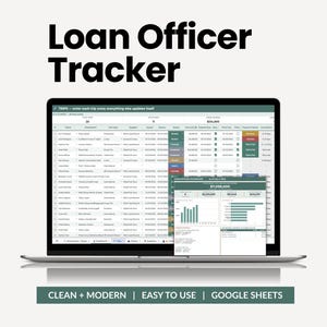 May include: A digital Loan Officer Tracker spreadsheet displayed on a laptop screen. The interface features a table for trip management with columns for client names, destinations, and payment statuses, alongside a dashboard with data charts.