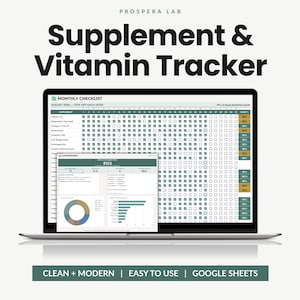 Op de afbeelding: Een laptopscherm met een Prospera Lab Supplement & Vitamin Tracker. De interface toont een maandelijkse checklist met een raster voor het bijhouden van doseringen, voortgangsbalken, een cirkeldiagram en een staafdiagram voor gegevens.