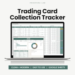 May include: A laptop screen displaying a digital trading card collection tracker by Prospera Lab. The interface features a spreadsheet with columns for card details and a dashboard overlay with charts, graphs, and a total collection value of $32,801.