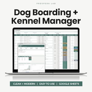 May include: A laptop screen displaying the Prospera Lab Dog Boarding + Kennel Manager software, featuring a detailed spreadsheet interface for bookings, check-in dates, and payment statuses, with a dashboard overlay showing financial data and charts.
