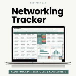 May include: A laptop screen displays a digital networking tracker spreadsheet by Prospera Lab. The interface features a contacts table with columns for name, company, role, and status, alongside a dashboard showing bar charts and data metrics.