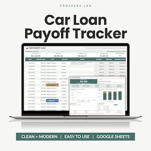 May include: A digital Car Loan Payoff Tracker spreadsheet displayed on a laptop screen. The interface features a Payment Log with columns for date, amount paid, method, and balance, alongside a dashboard showing financial charts and data.