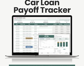 May include: A digital Car Loan Payoff Tracker spreadsheet displayed on a laptop screen. The interface features a Payment Log with columns for date, amount paid, method, and balance, alongside a dashboard showing financial charts and data.