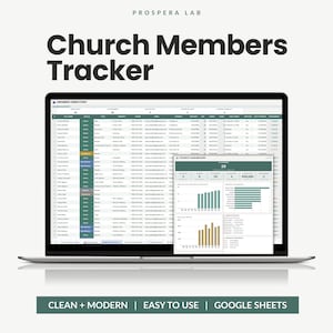 Może przedstawiać: Ekran laptopa wyświetlający narzędzie Prospera Lab Church Members Tracker w formie arkusza kalkulacyjnego. Interfejs zawiera katalog członków z kolumnami statusu oraz pulpit nawigacyjny z wykresami i wizualizacjami danych.