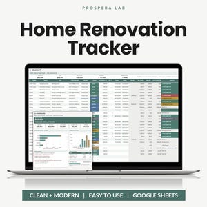 Può includere: Uno schermo di un portatile che mostra un foglio di calcolo Home Renovation Tracker di Prospera Lab. L'interfaccia presenta una dashboard di budget nei toni del verde e del bianco, con colonne per stanza, mestiere, appaltatore e stato.