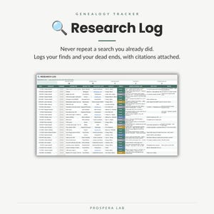 May include: A genealogy tracker research log template featuring a magnifying glass icon and the text "GENEALOGY TRACKER", "Research Log", and "Never repeat a search you already did. Logs your finds and your dead ends, with citations attached."