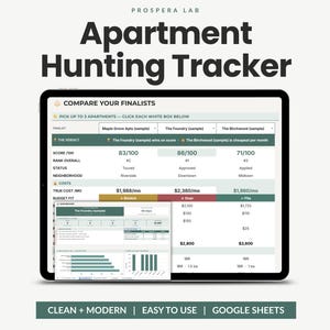 Op de afbeelding: Een digitale woningzoek-tracker weergegeven op een tabletscherm. De interface bevat een vergelijkingstabel voor drie woningen, inclusief scores, kosten en status. Tekst bevat Prospera Lab, Apartment Hunting Tracker en Google Sheets.
