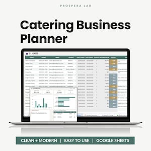 Op de afbeelding: Een laptopscherm met een Prospera Lab Catering Business Planner spreadsheet. De interface toont een klantenlijst met kolommen voor telefoonnummer, e-mail, bron, evenementdata en levenslange waarde, naast een dashboard met grafieken en gegevens.