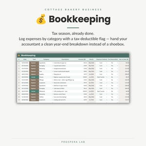 May include: A digital bookkeeping spreadsheet for a cottage bakery business. The document features a table with columns for date, type, category, description, amount, month, payment method, tax-deductibility, and a running total for expenses.