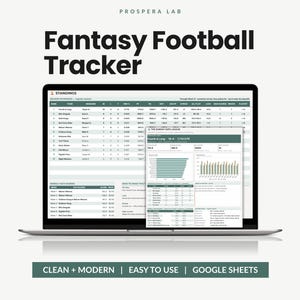 Könnte beinhalten: Ein Laptop-Bildschirm zeigt eine Prospera Lab Fantasy Football Tracker Tabelle. Die Benutzeroberfläche enthält eine Rangliste mit Teamnamen, Sieges- und Niederlagenbilanzen sowie Punkten, ergänzt durch ein Fenster mit Statistiken und Balkendiagrammen.