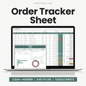 May include: A laptop screen displaying a Prospera Lab Order Tracker Sheet with a detailed order log, financial summary, and data visualization charts. The interface includes columns for order dates, customer names, items, costs, and net profit status.