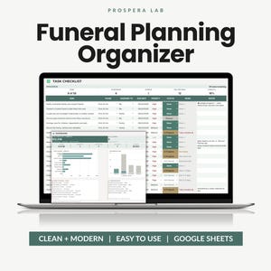 Peut inclure: Un organisateur numérique de planification funéraire par Prospera Lab affiché sur un écran d'ordinateur portable. L'interface présente une liste de tâches avec des barres de progression, des colonnes de statut et un tableau de bord.