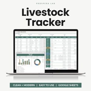 Puede incluir: Una pantalla de portátil que muestra el Prospera Lab Livestock Tracker, una interfaz de Google Sheets con una tabla Herd Register que incluye columnas para etiqueta, nombre, especie, raza, sexo, edad y estado, junto a un panel con gráficos.
