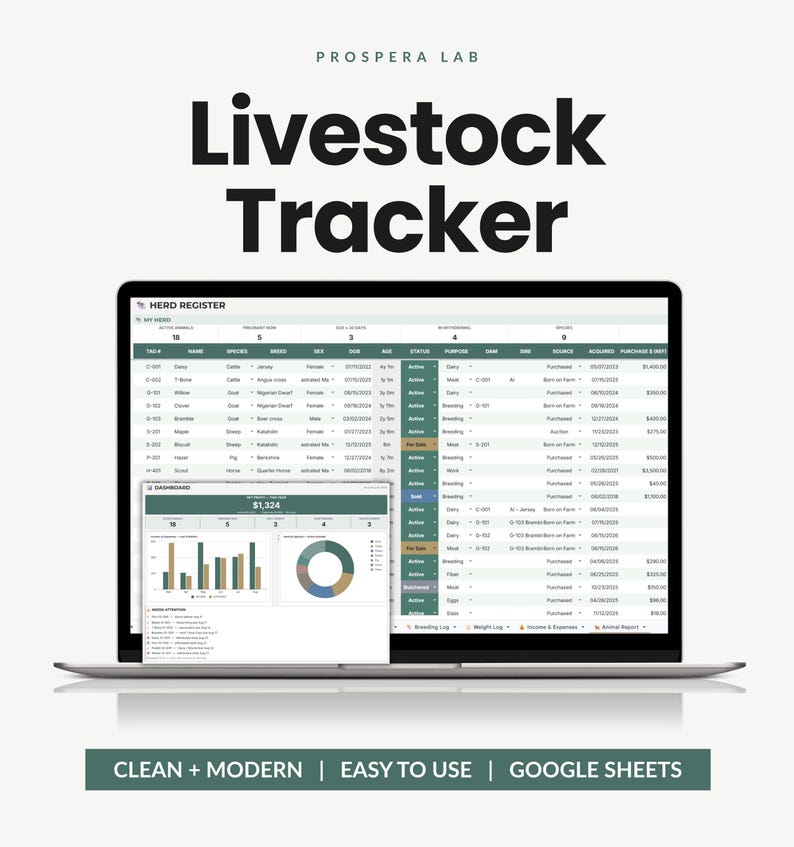 Pu&ograve; includere: Uno schermo di un portatile che mostra il Prospera Lab Livestock Tracker, un'interfaccia Google Sheets con una tabella Herd Register che include colonne per tag, nome, specie, razza, sesso, et&agrave; e stato, insieme a un dashboard con grafici.