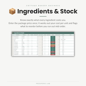 May include: A digital spreadsheet titled Cottage Bakery Business Ingredients & Stock. The table displays columns for ingredient names, categories, units, package sizes, costs, stock levels, reorder points, status indicators, and supplier names.