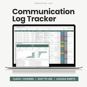 以下が含まれることがあります： Prospera LabのCommunication Log Trackerスプレッドシートを表示するノートパソコンの画面。インターフェースには、日付、時間、連絡先、ステータスの列がある詳細なログテーブルと、グラフやデータサマリーを含むダッシュボードのオーバーレイが表示されています。